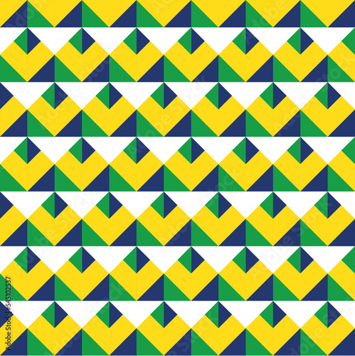 Seamless geometric pattern with triangles. Background pattern in blue, green, yellow color for Brazil Independence Day. Vector illustration.