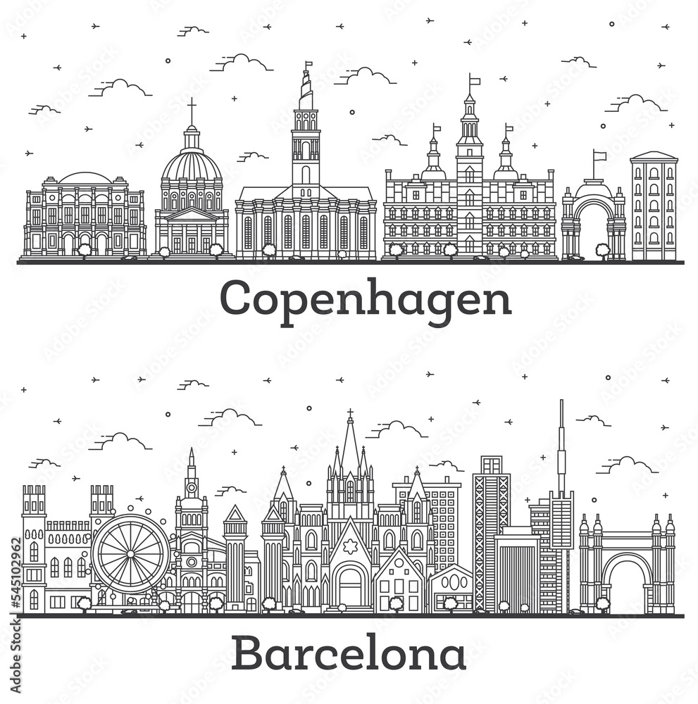 Outline Barcelona Spain and Copenhagen Denmark City Skyline Set.