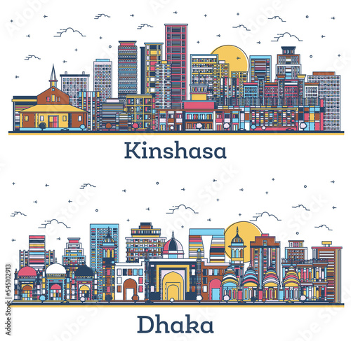 Outline Dhaka Bangladesh and Kinshasa Congo City Skyline Set.