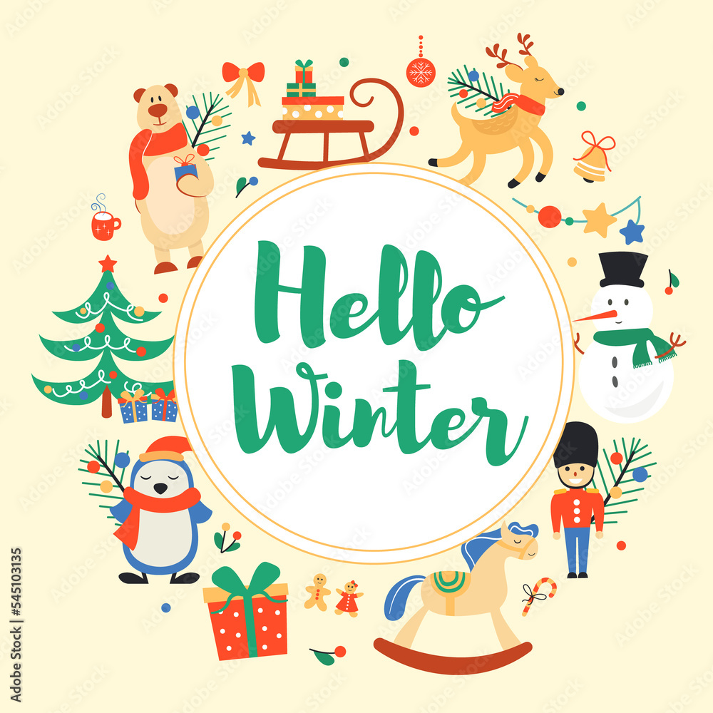 New year banner with winter characters, elements and lettering. illustration.
