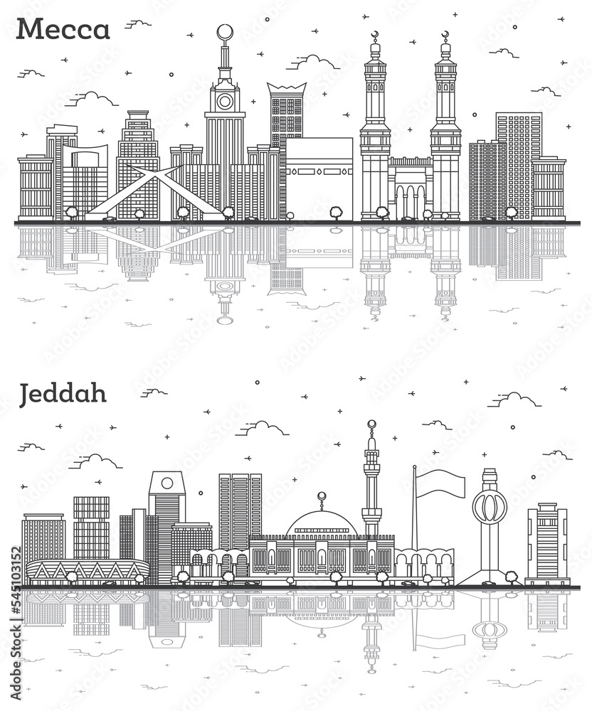 Outline Jeddah and Mecca Saudi Arabia City Skyline Set