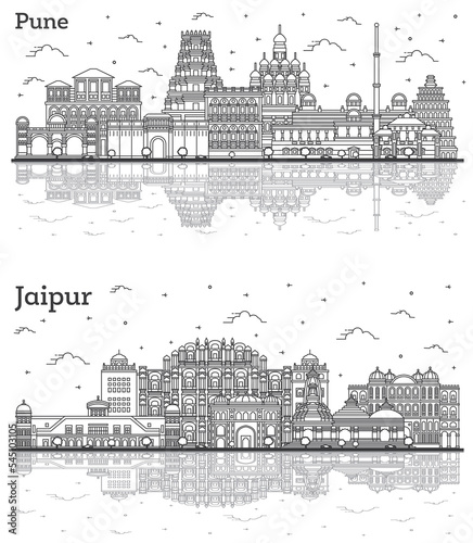 Outline Jaipur and Pune India City Skyline Set.