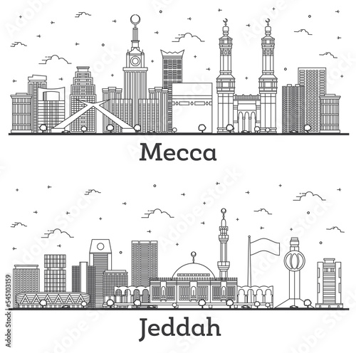 Fototapeta Naklejka Na Ścianę i Meble -  Outline Jeddah and Mecca Saudi Arabia City Skyline Set.