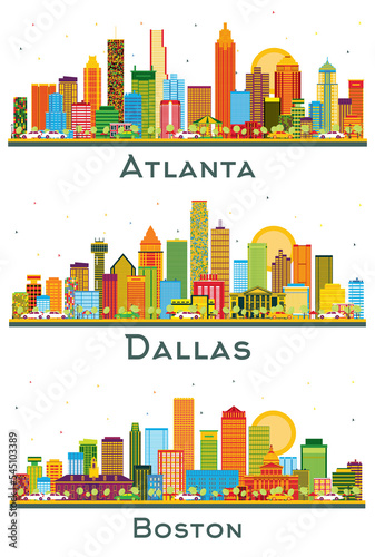 Dallas Texas, Boston Massachusetts and Atlanta Georgia USA City Skyline Set.