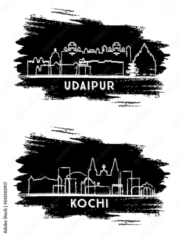 Kochi and Udaipur India City Skyline Silhouette Set.