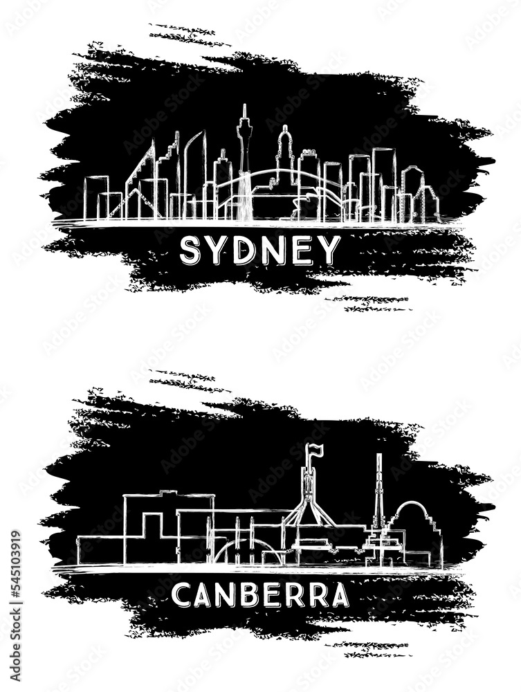Canberra and Sydney Australia City Skyline Silhouette Set.