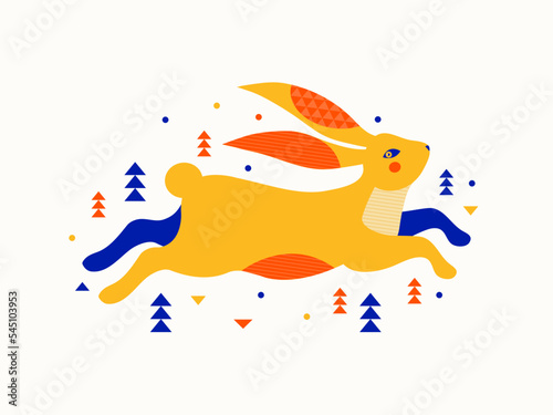 Merry Christmas and happy New Year poster or greeting card. Chinese zodiac Rabbit symbol. Hare in winter forest among snowdrifts and snow. Lunar new year. Vector illustration in geometric minimalism