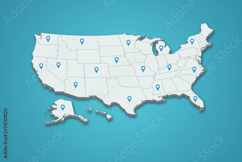 United State map 3D with location pin illustration on isolated background