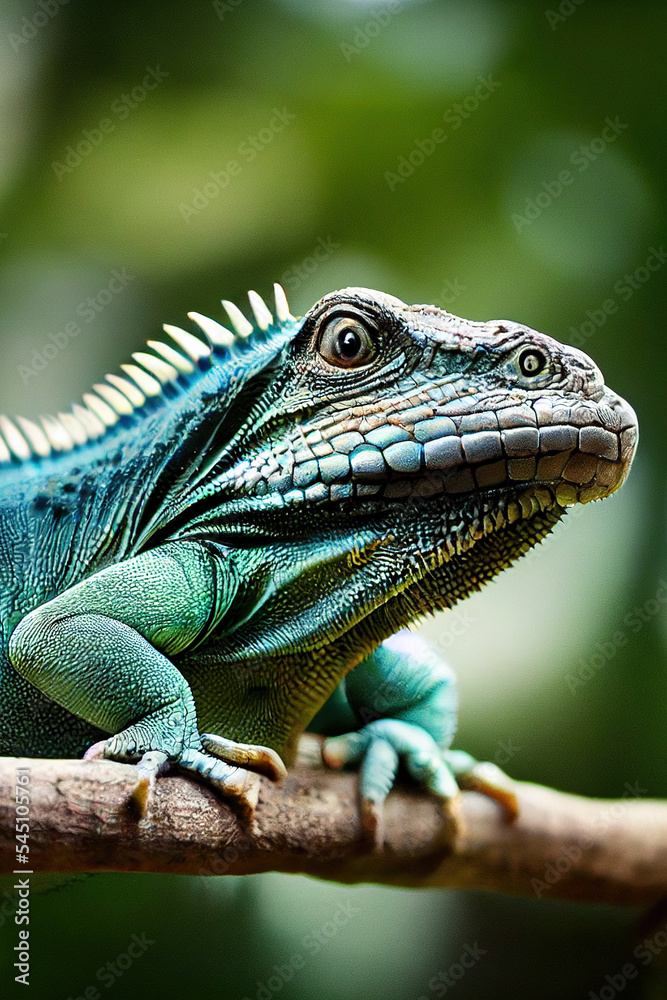 Fototapeta premium Portrait of green iguana on a branch, Indonesia
