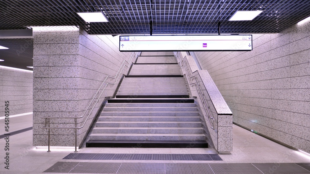 Obraz premium Modern interior design and lighting of metro station corridor. 