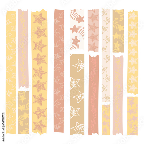 Large set of scotch tape strips with various hand-drawn designs. Pastel stars with different patterns. Scotch tape stickers. Vector horizontal illustration.