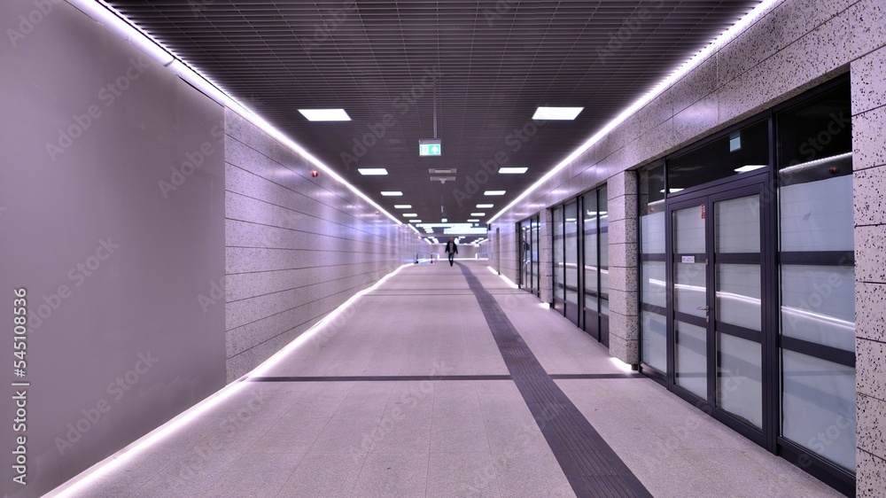 Modern interior design and lighting of metro  station corridor.  
