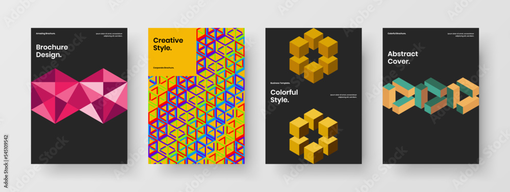 Vivid pamphlet A4 vector design layout composition. Creative mosaic hexagons annual report template bundle.