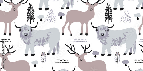 Hand-drawn cute Highland Cow and Reindeer in Scandinavian style on a white background. Perfect for Kids Fabric, Card, Banner, Textile, Wallpaper. Vector illustration