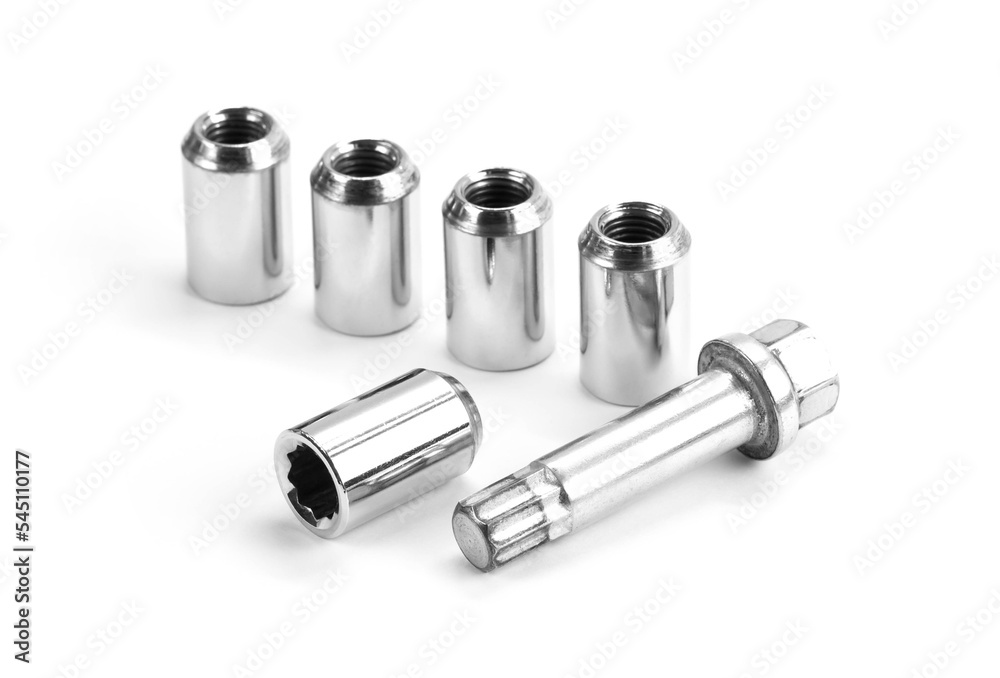 car lock nuts, wheel nut that protect the wheels from theft. closeup of the isolate on a white background car lock nuts, wheel nut that protect the wheels from theft. closeup of the isolate on a white background