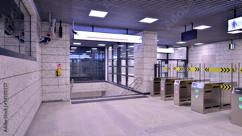 Modern interior design and lighting of metro station corridor. 
