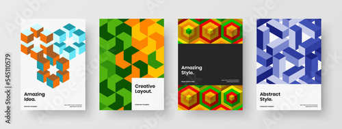 Abstract mosaic hexagons brochure layout set. Multicolored corporate cover design vector template bundle.