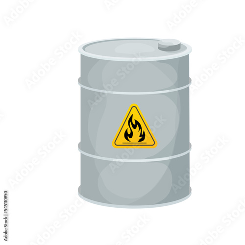 Metal gray barrel flammable, dangerous sign in cartoon style isolated on white background. 