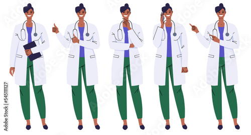 Black female doctor with stethoscope standing in different poses. Set of smiling doctor characters in flat style. Woman is gesturing her fingers up, thinking, phone call, showing. Vector on white.