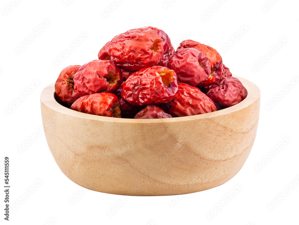 Chinese Jujube  dried in wood bowl on transparent png