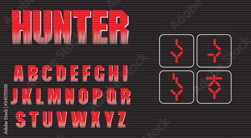 Action,  Sci-fi alphabet for headlines. Bold, red letters collection. Video games and movies typography vector graphic. Capital letters on black background in VHS style.