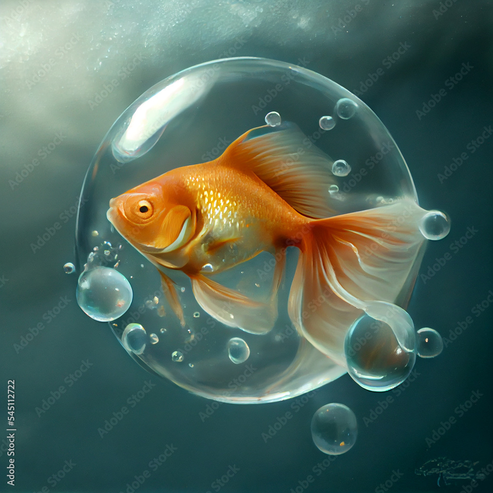 Photo & Art Print Gold fish floating trapped in a soap bubble. 3d