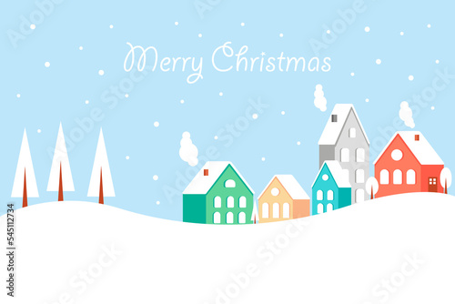 Christmas landscape with cute houses, forest and snowfall. New Year background picture. illustration. © Uliana Rom