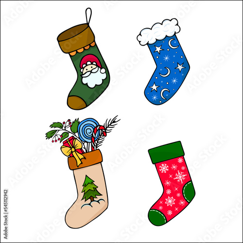 Christmas stocking set. Hand drawn colorful doodle illustration of christmas socks. 