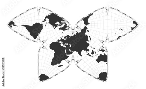 Vector world map. Steve Waterman's butterfly projection. Plan world geographical map with latitude/longitude lines. Centered to 60 degrees W longitude. Vector illustration.