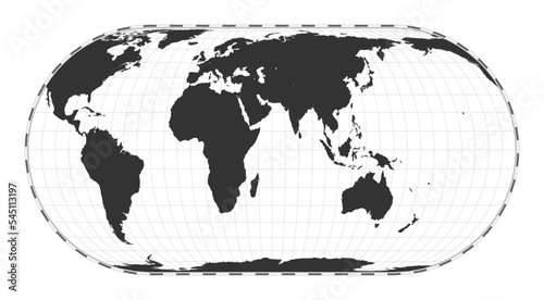 Vector world map. Eckert IV projection. Plan world geographical map with latitude/longitude lines. Centered to 60deg W longitude. Vector illustration.