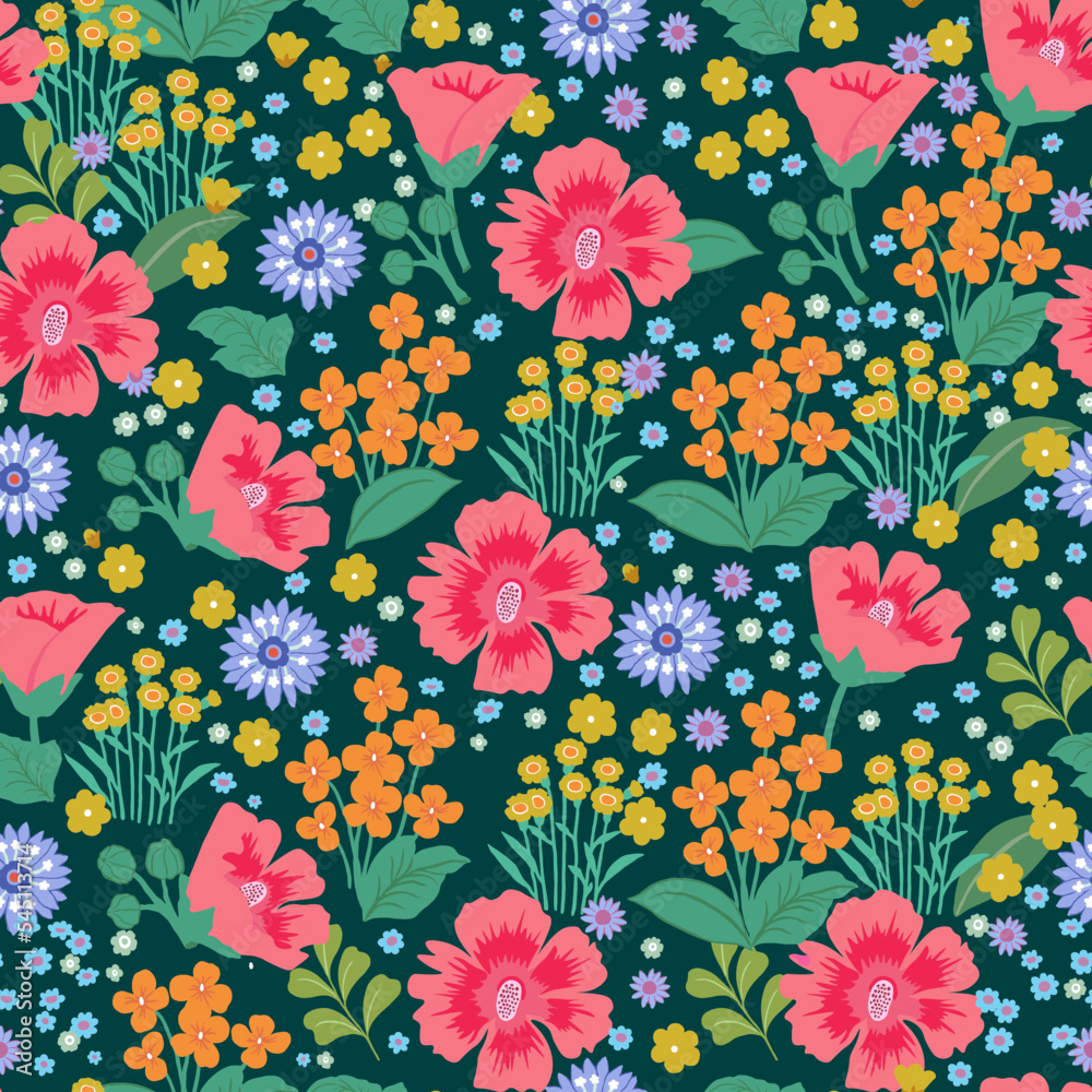 Simple vintage pattern. Wonderful pink and orange flowers, green leaves. Green background. Fashionable print for textiles and wallpaper.