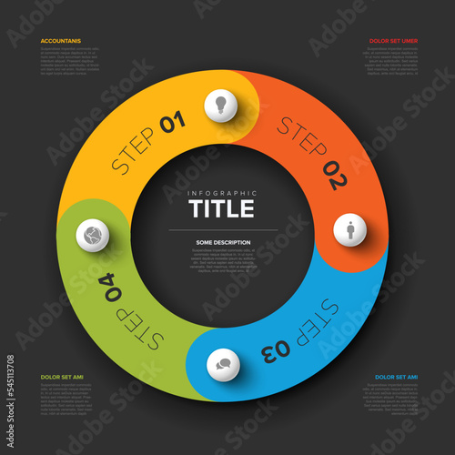 Simple dark infographic cycle with four spheres with icons elements