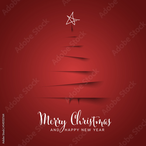 Christmas red card with tree made from paper cut stripes