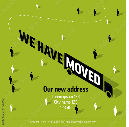 We have moved green minimalistic flyer template with isometric icons