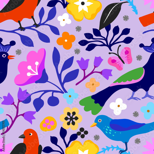 Seamless pattern with fabulous birds and small flowers  berries  leaves  bulbs  butterflies in blue and light lilac tones isolated on white background in vector. Print for fabric in vintage style.