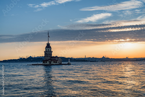 Sunset view of the Maiden's Tower in Istanbul, Turkey