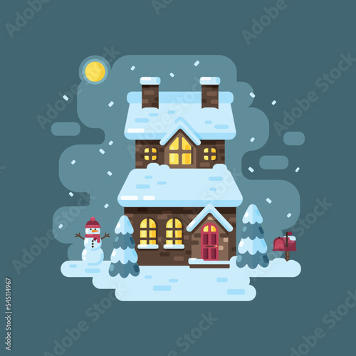 Illustration of a flat vector winter two-storey house with snow on the roof. Winter vector house with a snowman and a mailbox in a flat style.