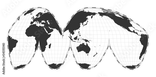 Vector world map in Goode's interrupted homolosine projection. A geographical map with latitude and longitude lines, centered at 120 degrees W longitude. Vector illustration.
