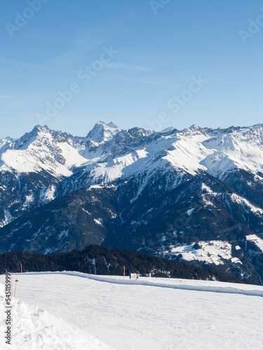 Panoramic view in winter in resort Ladis, Fiss, Serfaus in ski resort in Tyrol.
