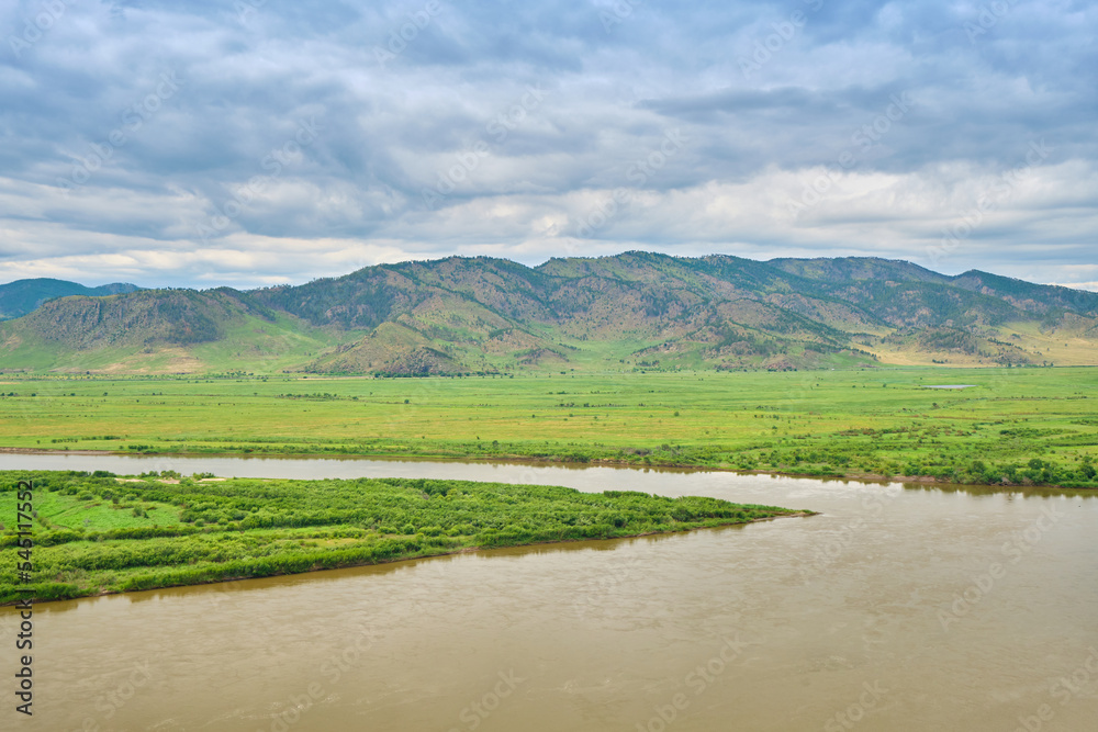 Obraz premium View of the Selenga River from Mount Omulevaya near the city of Ulan-Ude, Republic of Buryatia, Russia.