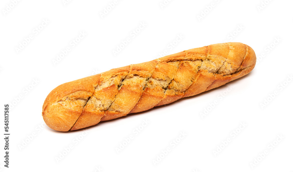 Freshly baked crispy French bread baguette with garlic butter and herbs isolated on a white background Freshly baked crispy French bread baguette with garlic butter and herbs isolated on a white background