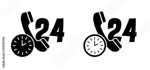 Cartoon 24/7 clock and telephone. Phone icon or logo. Clock deadline handle handset.  Hour support servicec concept. Time call, contact us. Open 24 hours a day and 7 days a week. photo