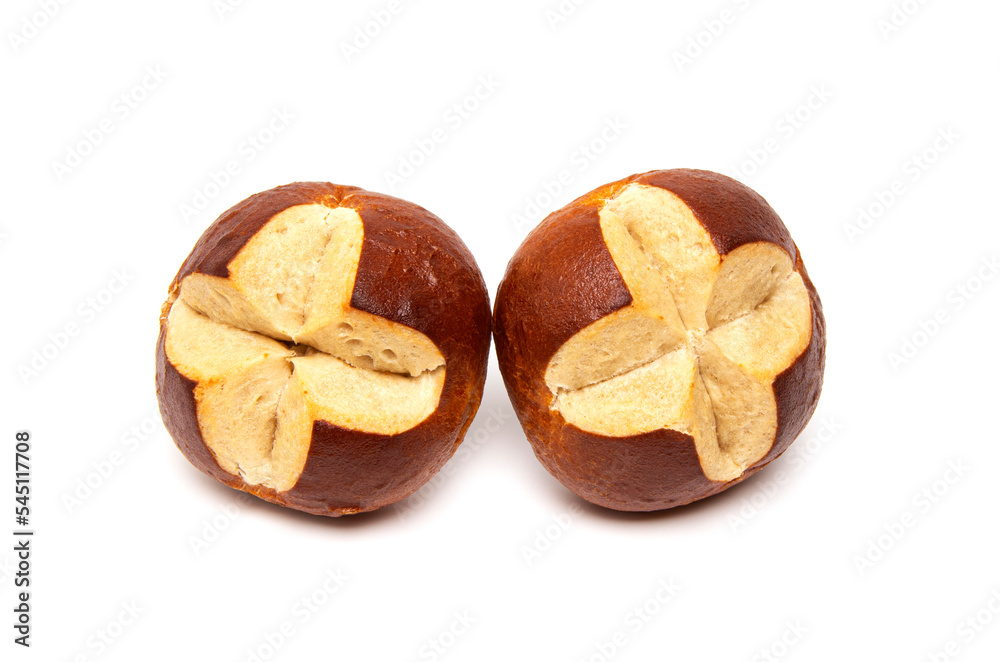 Freshly baked traditional German laugenbrot. Bavarian homemade pretzel rolls lye bread, close-up, isolated on white background Freshly baked traditional German laugenbrot. Bavarian homemade pretzel rolls lye bread, close-up, isolated on white background