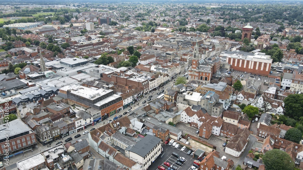 Colchester City centre shops and houses Essex UK drone aerial view