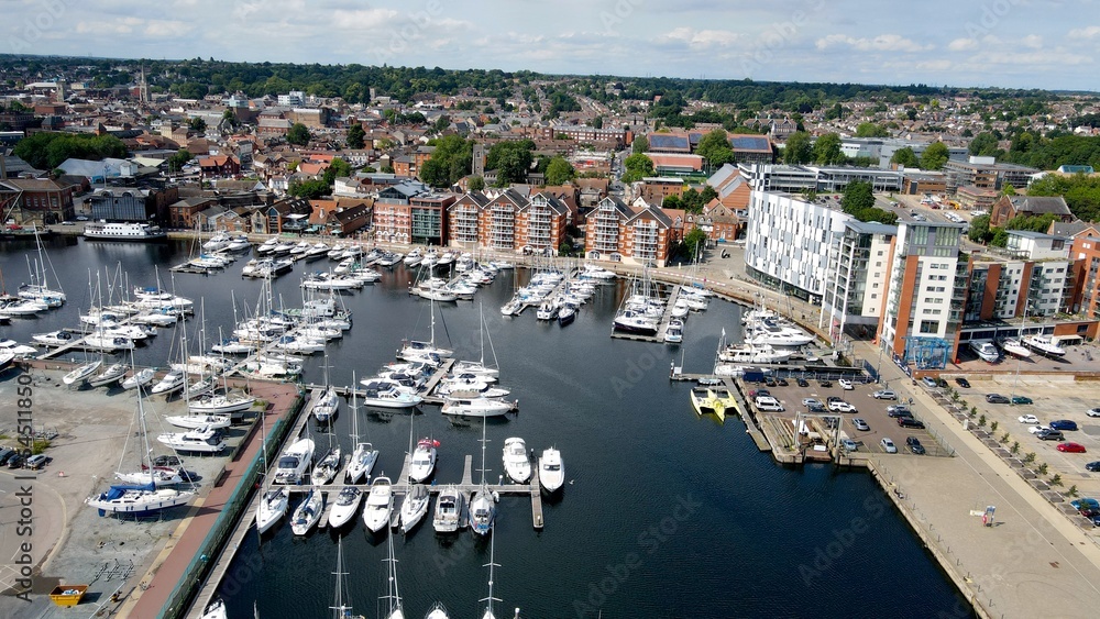 Ipswich Port marina and town Suffolk UK drone aerial view