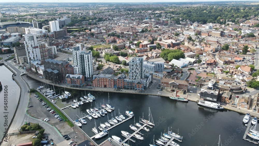 New appartments Ipswich Port marina and town Suffolk UK drone aerial view