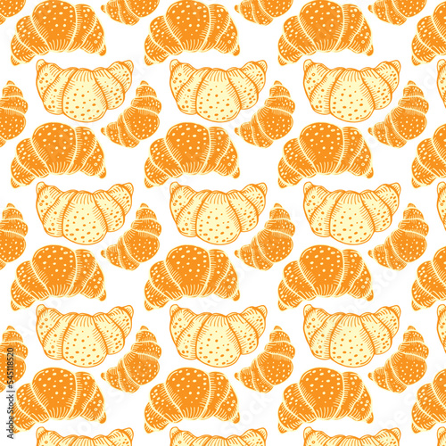  Pattern with tasty fresh crunchy croissants in simple cartoon style. Background for design menu cafe, bistro, restaurant, label and packaging. Vector repeat food background.