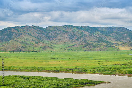 View of the Selenga River from Mount Omulevaya near the city of Ulan-Ude, Republic of Buryatia, Russia.