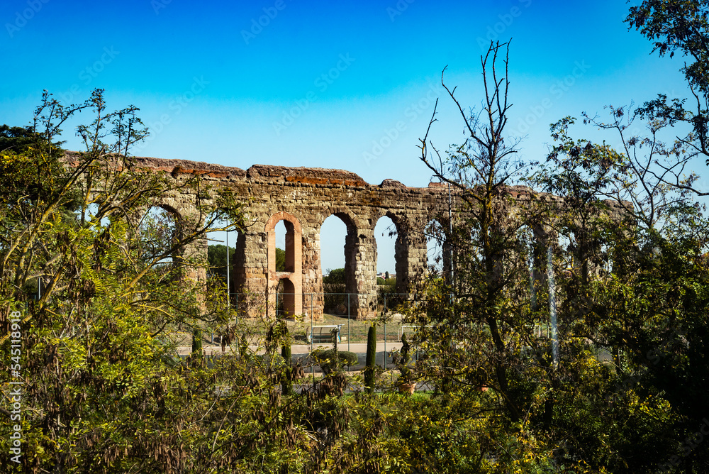 Fototapeta premium Ancient roman aqueduct ouside Rome, surrounded by trees