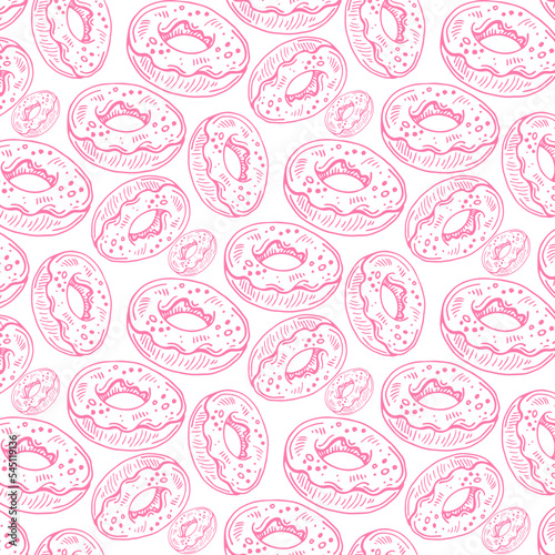 Donuts with pink icing. Seamless white pattern. Background for cafes, restaurants, coffee shops, catering. Design texture for menu, booklet, banner, website. Vector illustration.